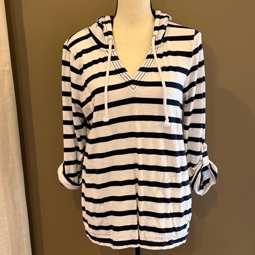 Tommy Hilfiger Women's Long Sleeve Hoodie Black & White Striped, Size Medium